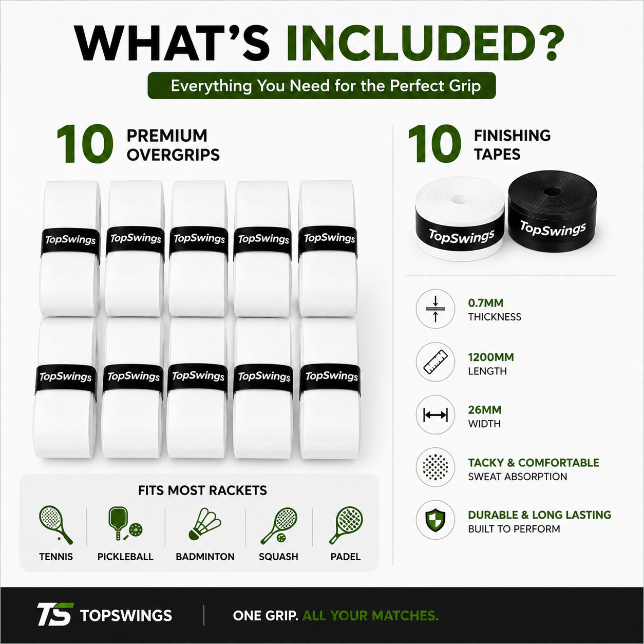 TopSwings Premium Tennis Overgrip Tape (10-Pack) – Soft, Comfortable & Durable Grip for Tennis, Pickleball & Badminton