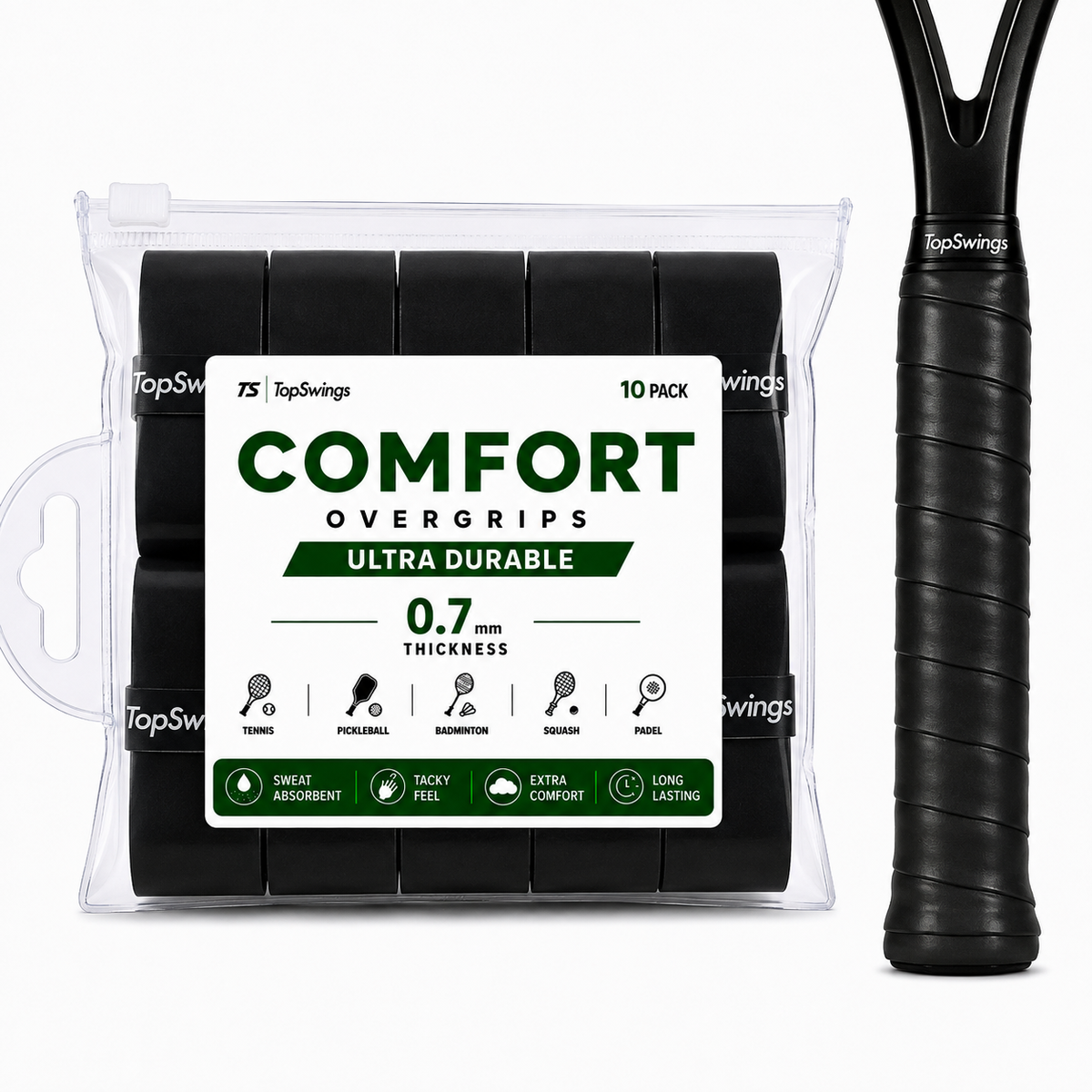 TopSwings Premium Tennis Overgrip Tape (10-Pack) – Soft, Comfortable & Durable Grip for Tennis, Pickleball & Badminton