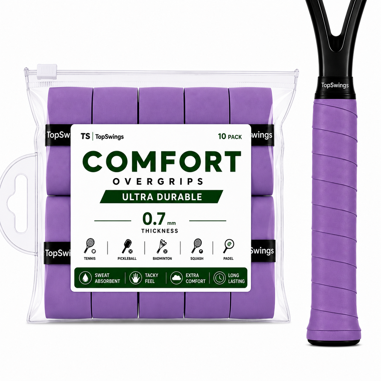 TopSwings Premium Tennis Overgrip Tape (10-Pack) – Soft, Comfortable & Durable Grip for Tennis, Pickleball & Badminton